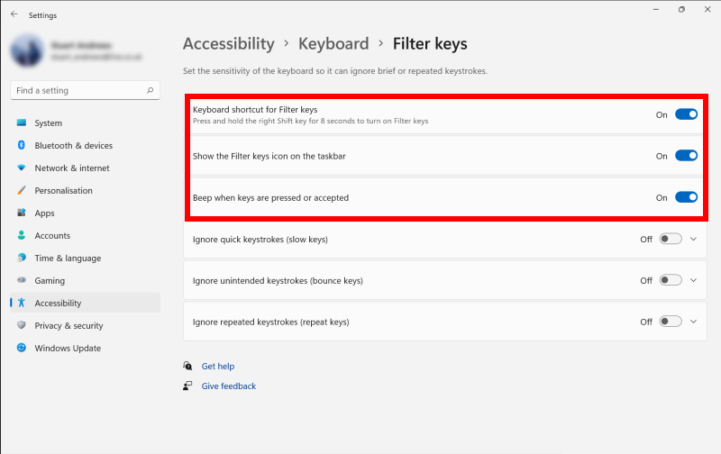 Use the options to enable Filter Keys shortcuts or cause your computer to beep when a key is pressed.